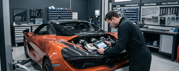 Technicien spécialisé effectuant diagnostic électronique sur moteur McLaren 720S dans atelier équipé avec outils professionnels et infrastructure technique visible