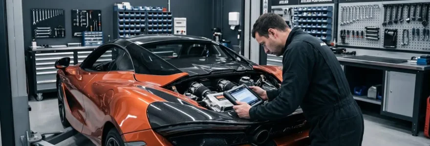Technicien spécialisé effectuant diagnostic électronique sur moteur McLaren 720S dans atelier équipé avec outils professionnels et infrastructure technique visible