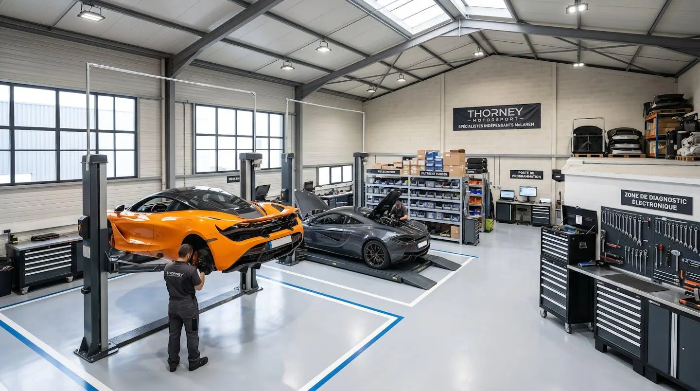 Vue intérieure atelier automobile spécialisé McLaren montrant véhicules en maintenance sur ponts professionnels dans environnement technique organisé avec équipements diagnostic