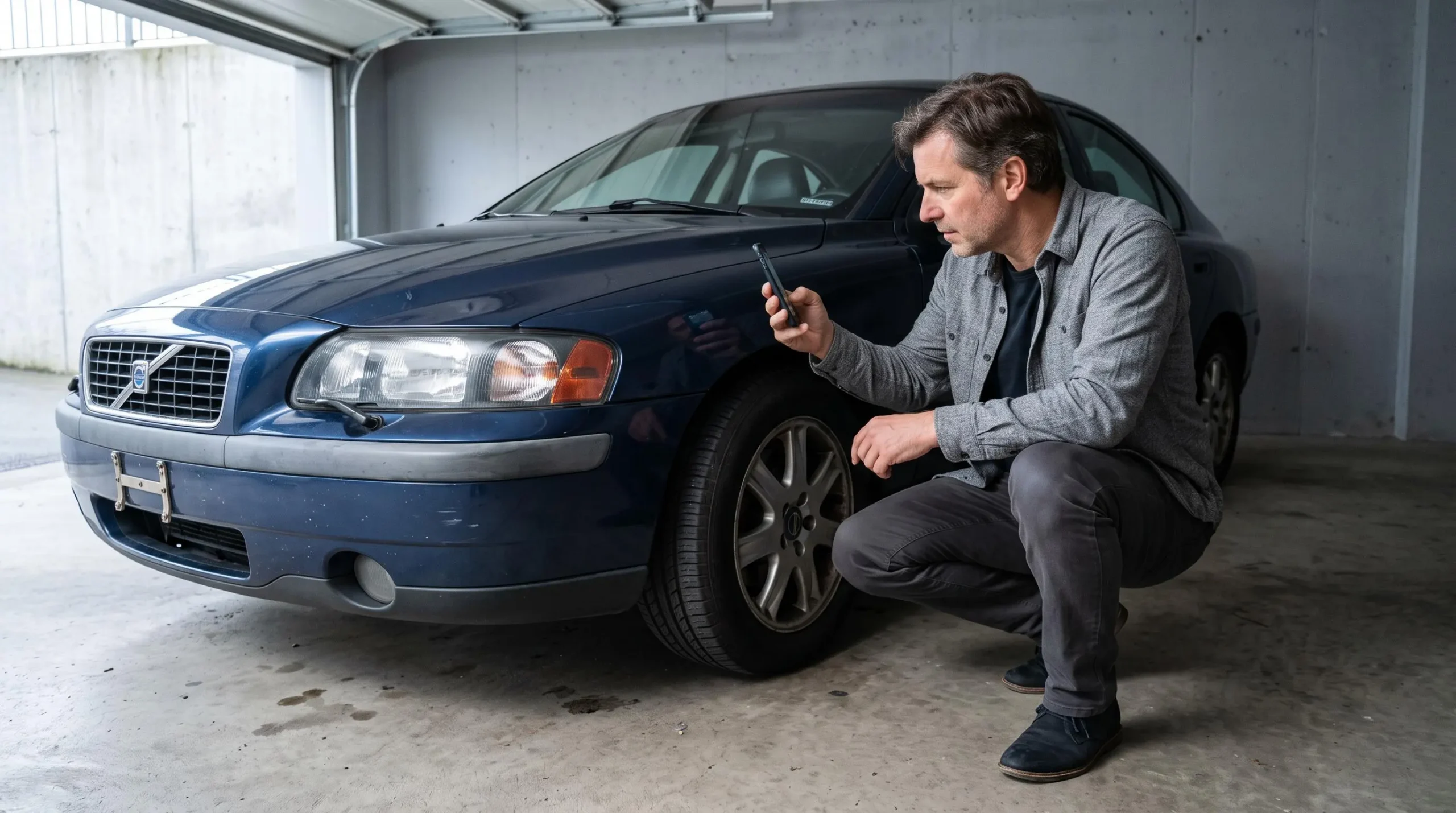 Un homme relève le numéro d'identification de sa voiture ancienne dans un garage à l'aide de son téléphone.