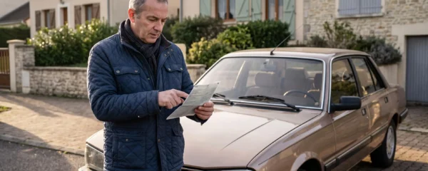 Un propriétaire compare la carte grise de sa voiture de collection garée devant sa maison en France.