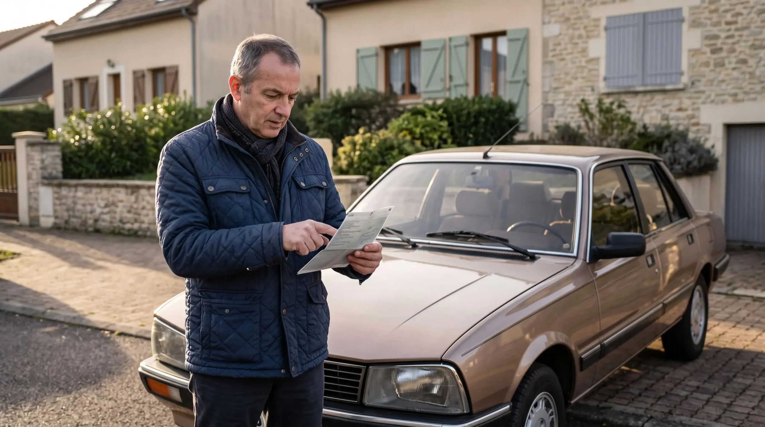 Un propriétaire compare la carte grise de sa voiture de collection garée devant sa maison en France.